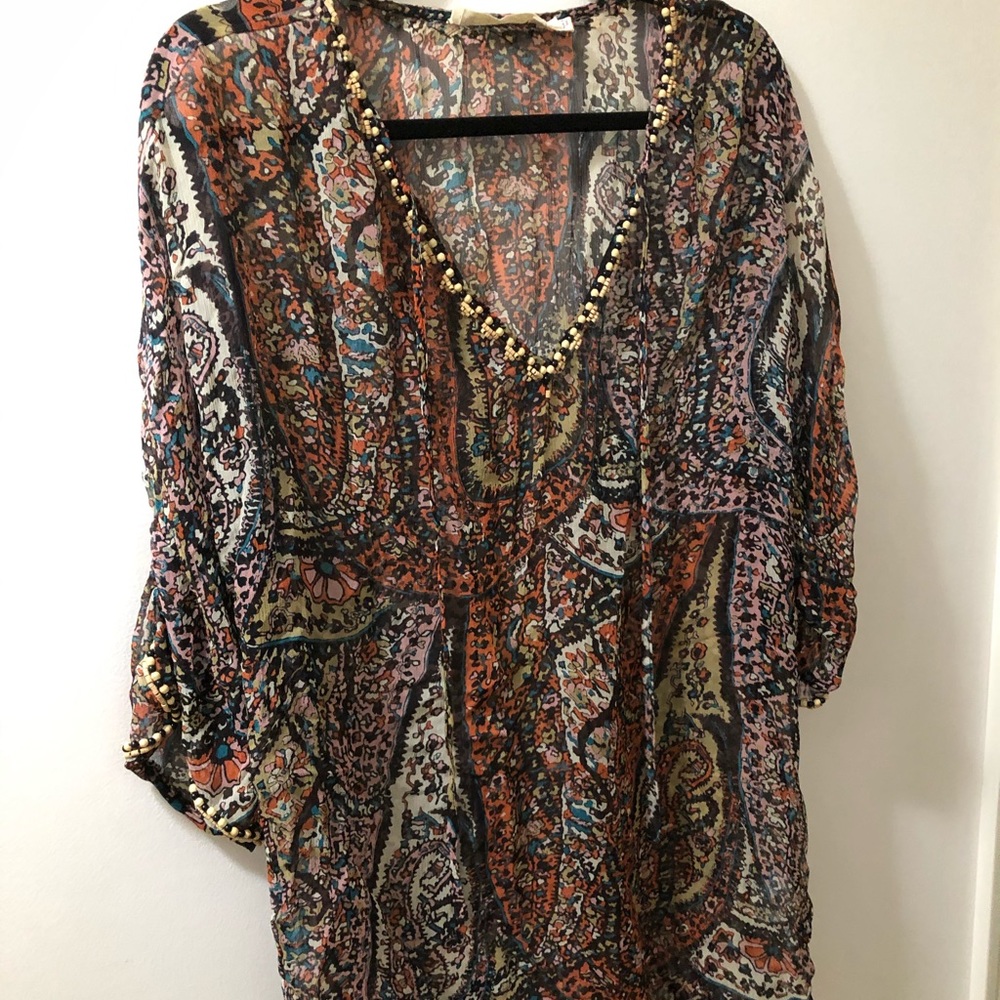 Joie patterned sheer cover up with beaded trim